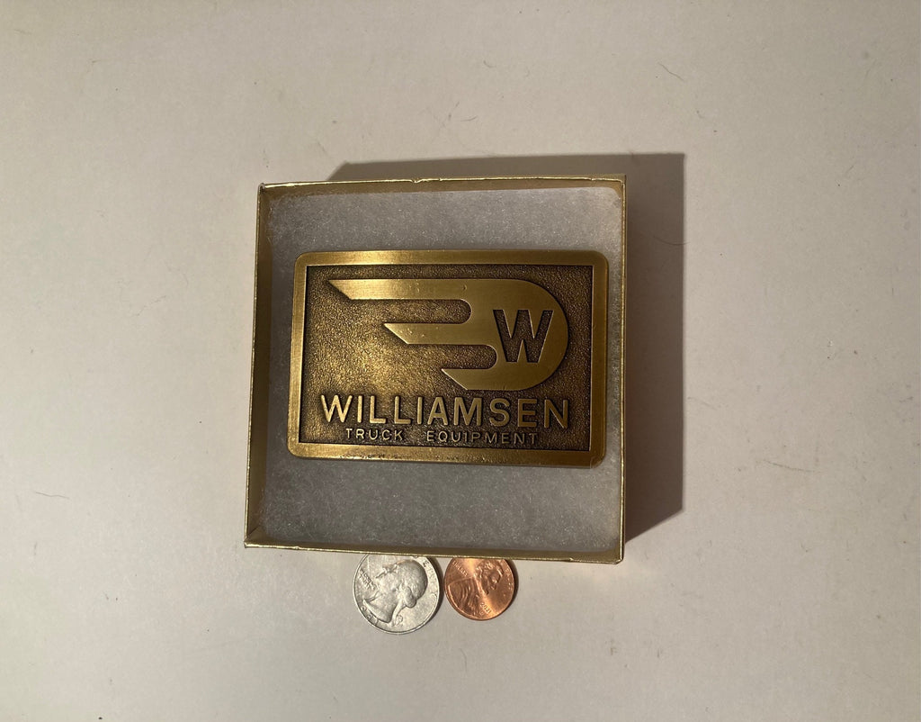 Vintage Metal Belt Buckle, Solid Brass, Williamsen Truck Equipment, 3" x 2", Heavy Duty, Quality, Thick Metal, Made in USA, For Belts,