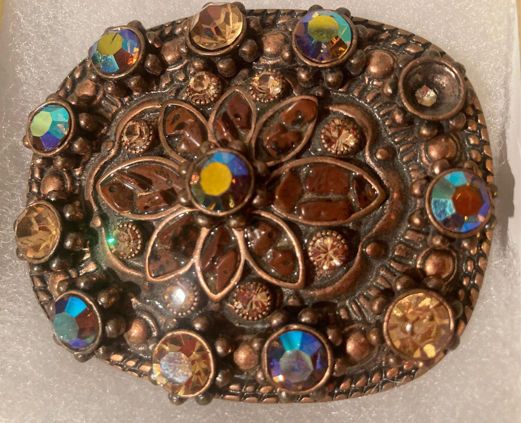 Vintage Metal Belt Buckle, Copper and Brass, Sparkly Stones, Really Nice, Heavy Duty Feel, 3" x 2 1/2", Heavy Duty, Quality, Thick Metal