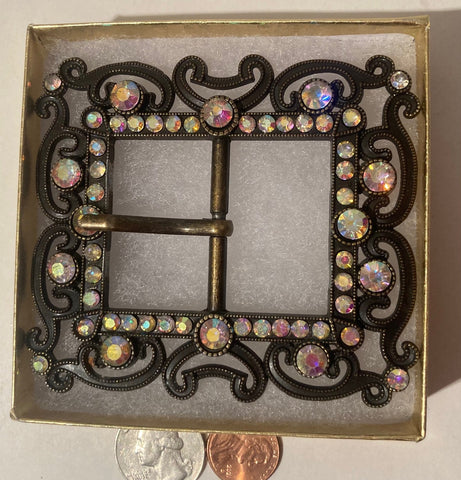 Vintage Metal Belt Buckle, Brass, Sparkly Stones, Really Nice, Heavy Duty Feel, 3 1/2" x 3", Heavy Duty, Quality, Thick Metal, Made in USA