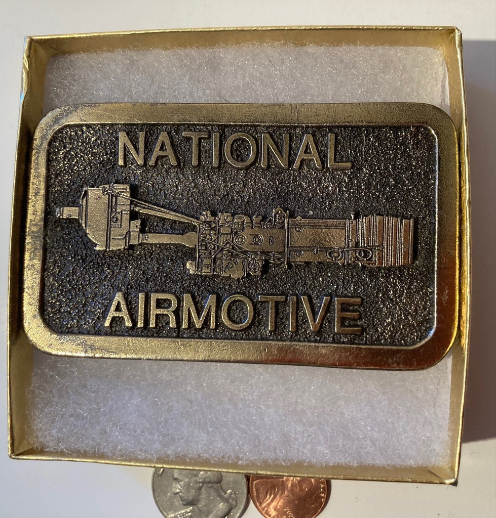 Vintage Metal Belt Buckle, National Airmotive, Rolls Royce Engines, Heavy Duty, Quality, Thick Metal, Made in USA, 3 1/2" x 2 1/4"