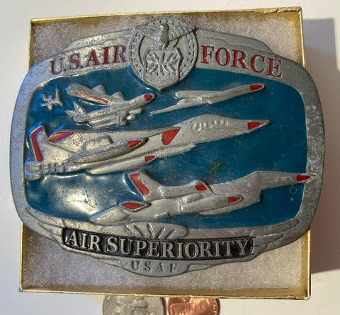 Vintage Metal Belt Buckle, U.S. Air Force, Air Superiority, USAF, Airplanes, Jets, Heavy Duty, Quality, Thick Metal, Made in USA, 4" x 3"