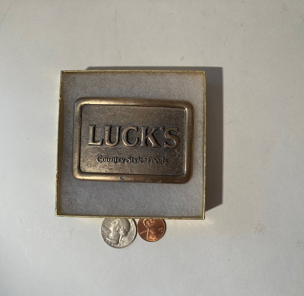 Vintage Metal Belt Buckle, Luck's, Country Style Foods, Groceries, Food, 3" x 2", Heavy Duty, Quality, Thick Metal, Made in USA