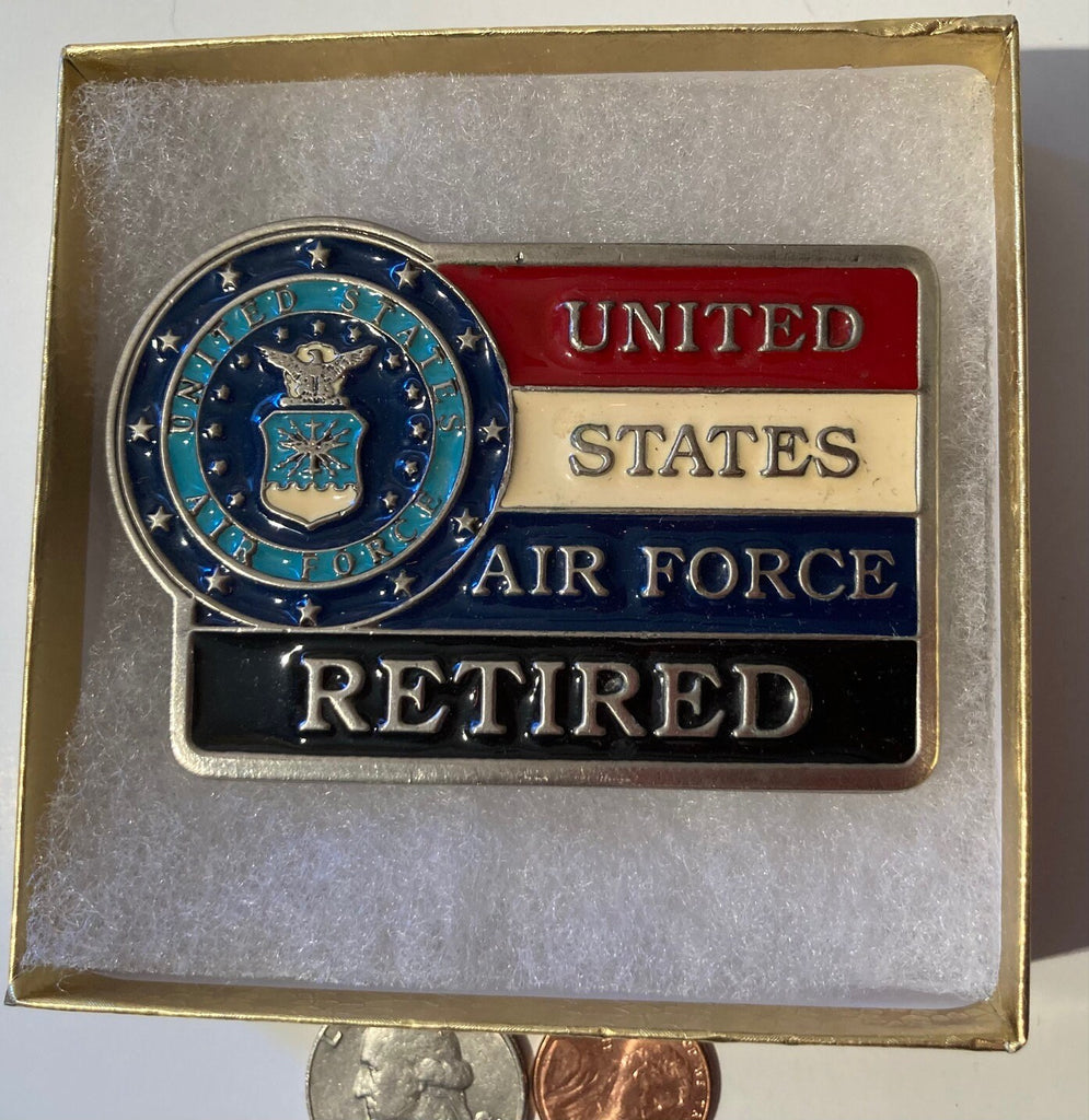Vintage Metal Belt Buckle, United States Air Force Retired, Military, Heavy Duty, Quality, Thick Metal, Made in USA, 3" x 2 1/4"