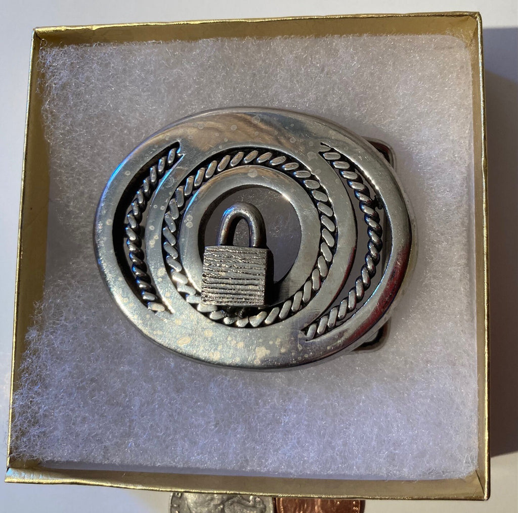 Vintage Metal Belt Buckle, Silver, Padlock, Unique, Heavy Duty, Quality, Thick Metal, Made in USA, 2 1/2" x 2", For Belts, Fashion