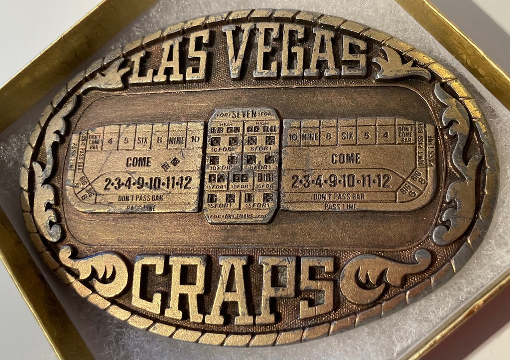 Vintage 1983 Metal Belt Buckle, Brass, Las Vegas Craps, , Heavy Duty, Quality, Thick Metal, 3 3/4" x 2 3/4", For Belts, Made in USA, Fashion