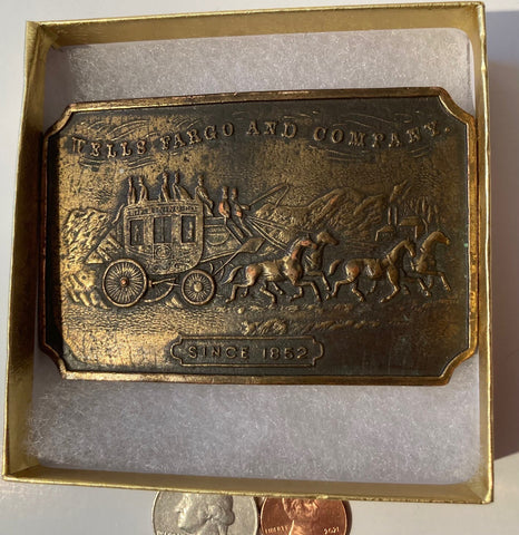 Vintage 1986 Metal Belt Buckle, Wells Fargo and Company, Bank, Heavy Duty, Quality, Thick Metal, 3 1/2" x 2 1/4", For Belts, Made in USA