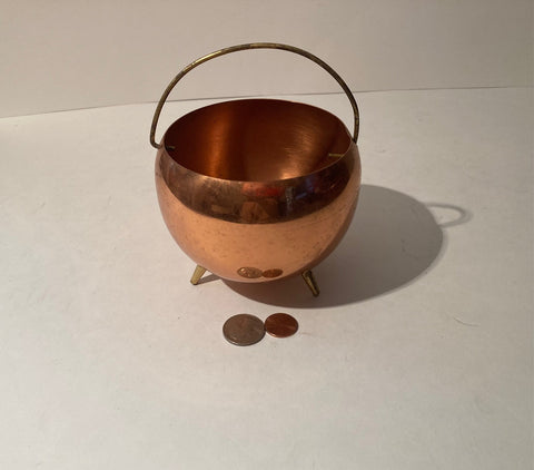 Vintage Metal Copper and Brass Storage Container, Bowl, Dish, 4 1/2" x 4", Brass legs, Handle, A Few Dings On The Bottom
