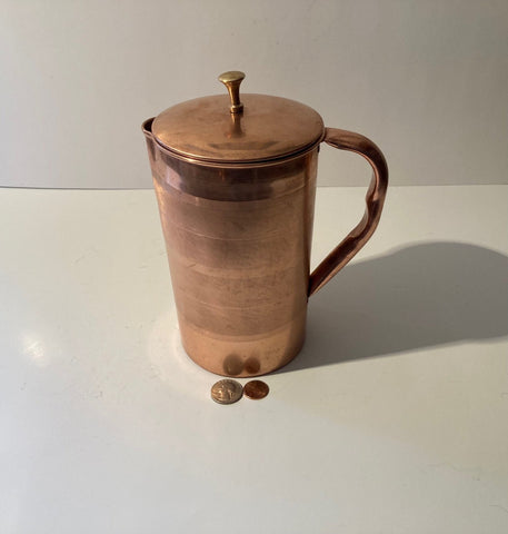 Vintage Metal Copper and Brass Serving Pitcher with Lid, 9" Tall, Serving Pitcher, Kitchen Decor, Table Display, Shelf Display