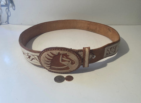 Vintage Leather Heavy Duty Belt and Buckle, Horse, Size 35 to 40, Country and Western, Western Attire, Hand Tooled, Nice Heavy Duty Quality