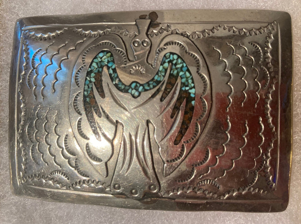 Vintage Metal Belt Buckle, Silver and Turquoise, Malachite, Nice Design, 3" x 2", Heavy Duty, Quality, Thick Metal, Made in USA, For Belts