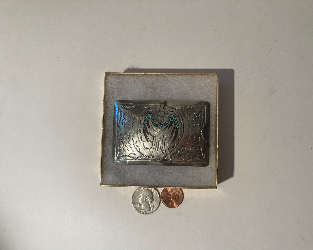 Vintage Metal Belt Buckle, Silver and Turquoise, Malachite, Nice Design, 3" x 2", Heavy Duty, Quality, Thick Metal, Made in USA, For Belts