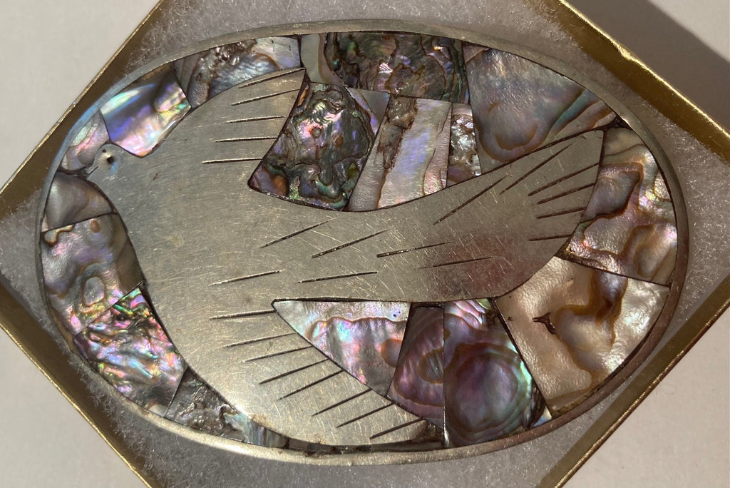 Vintage Metal Belt Buckle, Silver and Abalone Shell, Dove, Bird, Seagull, Nice Design, 3 3/4" x 2 1/2", Heavy Duty, Quality, Thick Metal