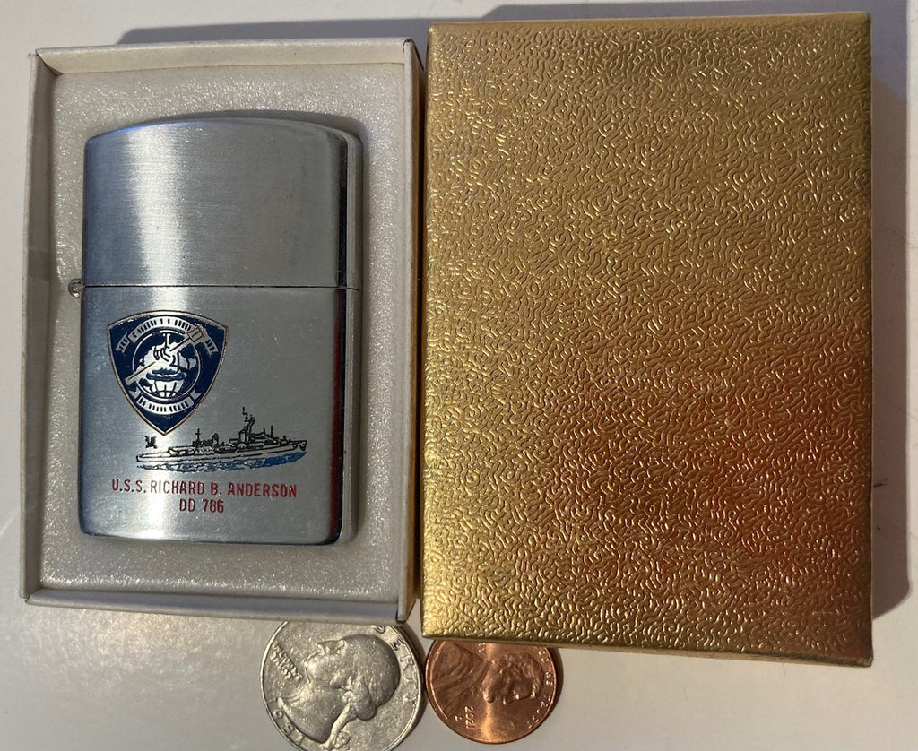 Vintage Metal Lighter, U.S.S. Richard B. Anderson DD-786, Navy, Command Lighter, Destroyer, 1945 to 1975, Cigarettes, More