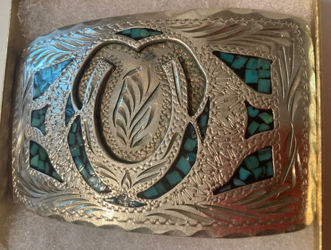 Vintage Metal Belt Buckle, Silver and Malachite, Horseshoe, Nice Design, 3 1/2" x 2 1/2", Heavy Duty, Quality, Thick Metal, Made in USA