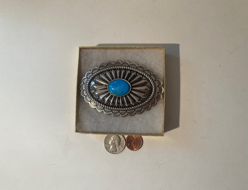 Vintage Metal Belt Buckle, Silver and Blue Turquoise, Nice Design, 3 1/2" x 2 1/4", Heavy Duty, Quality, Thick Metal, Made in USA, For Belts