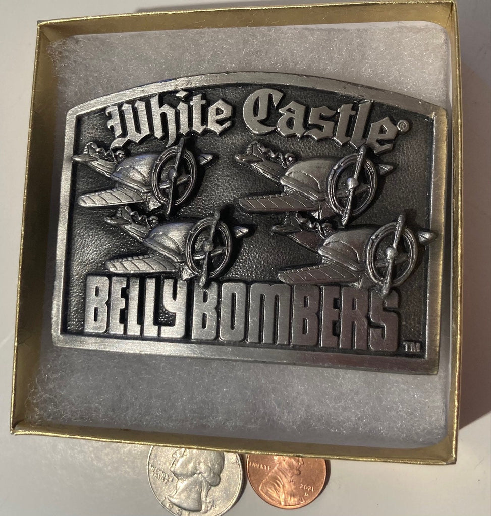 Vintage 1992 Metal Belt Buckle, White Castle, Belly Bombers, Fast Food, Hamburgers, Heavy Duty, Quality, Thick Metal, 3 1/4" x 2 1/2"