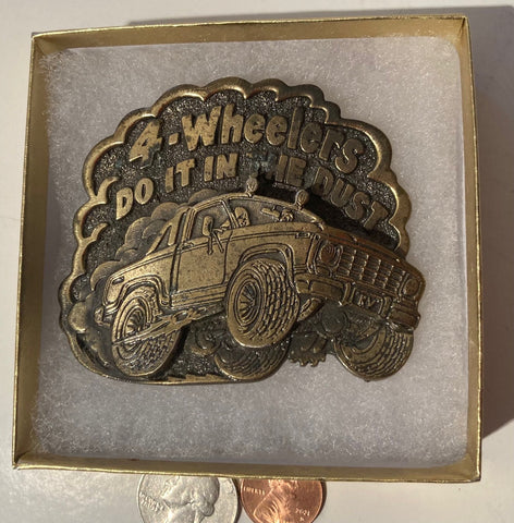 Vintage 1980 Metal Belt Buckle, Brass, 4 Wheelers Do It In The Dust, Heavy Duty, Quality, Thick Metal, 3" x 2 1/2", For Belts, Made in USA