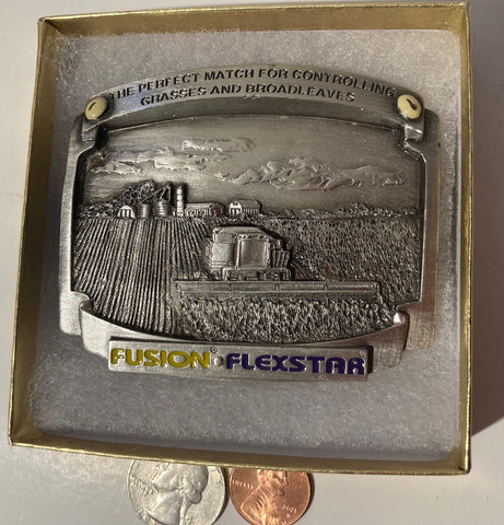 Vintage 1997 Metal Belt Buckle, Fusion Flexstar, Grasses and Broadleaves, Tractor, Farming, Heavy Duty, Quality, Thick Metal, 3" x 2 3/4"