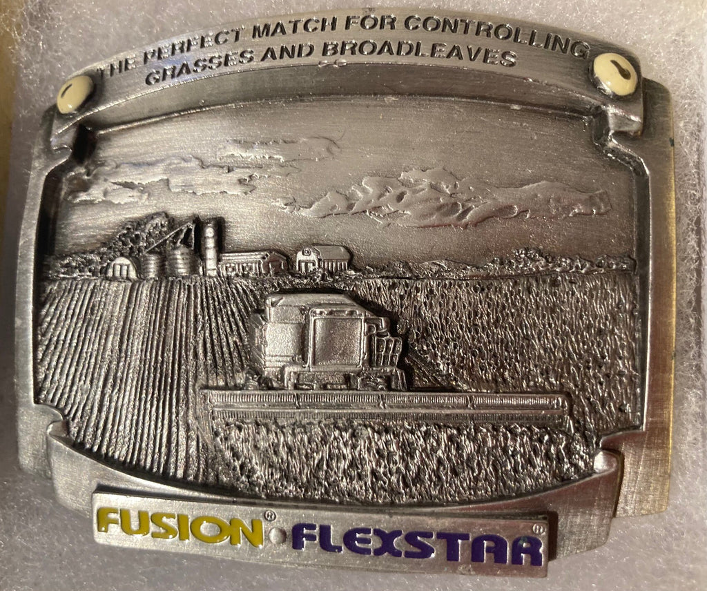 Vintage 1997 Metal Belt Buckle, Fusion Flexstar, Grasses and Broadleaves, Tractor, Farming, Heavy Duty, Quality, Thick Metal, 3" x 2 3/4"