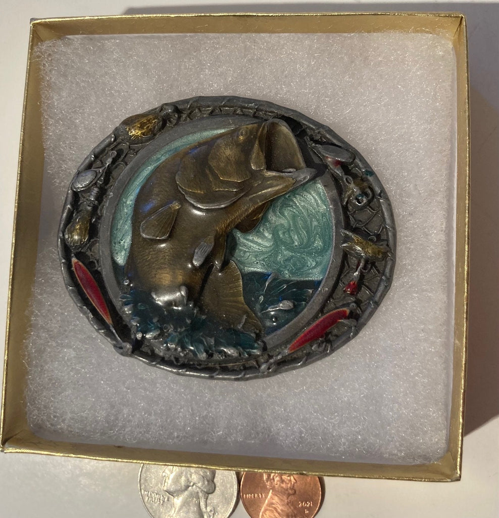 Vintage 1988 Metal Belt Buckle, Bass Fishing, Big Mouth Bass, Heavy Duty, Quality, Thick Metal, 2 3/4" x 2 1/4", For Belts, Made in USA