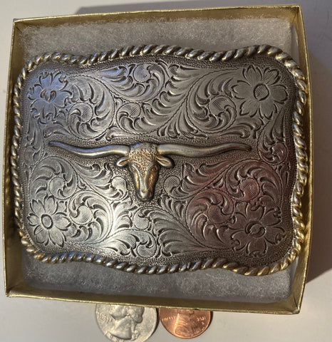 Vintage 1995 Metal Belt Buckle, Longhorn, Bull, Silver, Heavy Duty, Quality, Thick Metal, 3 1/2" x 2 3/4", For Belts, Made in USA, Fashion