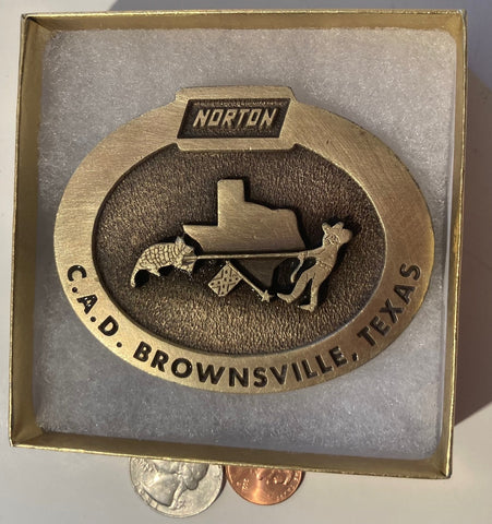 Vintage Metal Belt Buckle, Brass, Norton, C.A.D. Brownsville, Texas, Heavy Duty, Quality, Thick Metal, 3" x 2 1/2", For Belts, Made in USA,