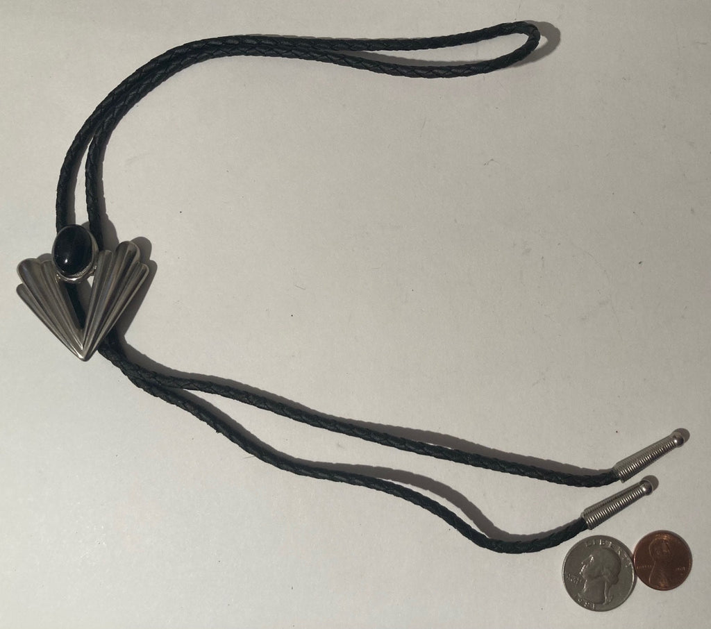 Vintage Metal Bolo Tie, Silver, Nice Black Stone, Nice Design, Quality, Heavy Duty, Made in USA, Country & Western, Cowboy, Western Wear