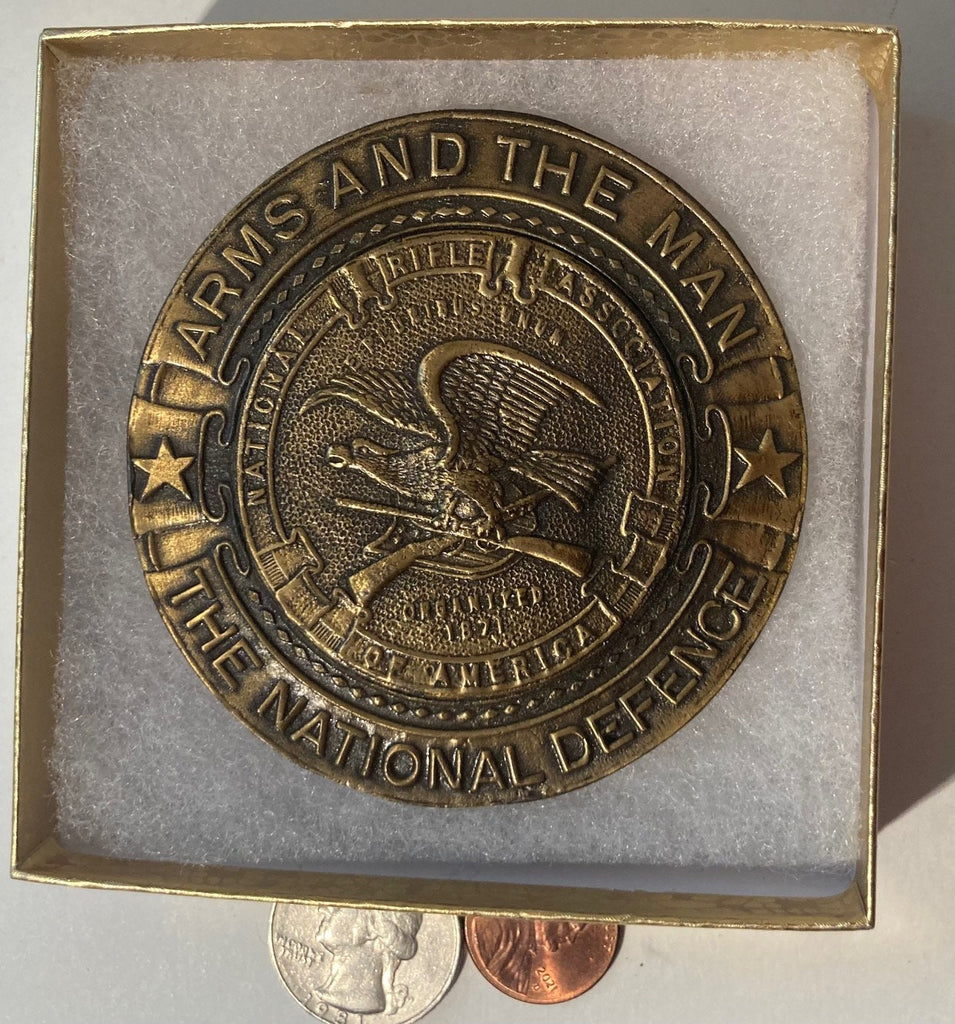 Vintage Metal Belt Buckle, National Rifle Association, The National Defence, Nice Design, 3", Heavy Duty, Quality, Thick Metal, Made in USA