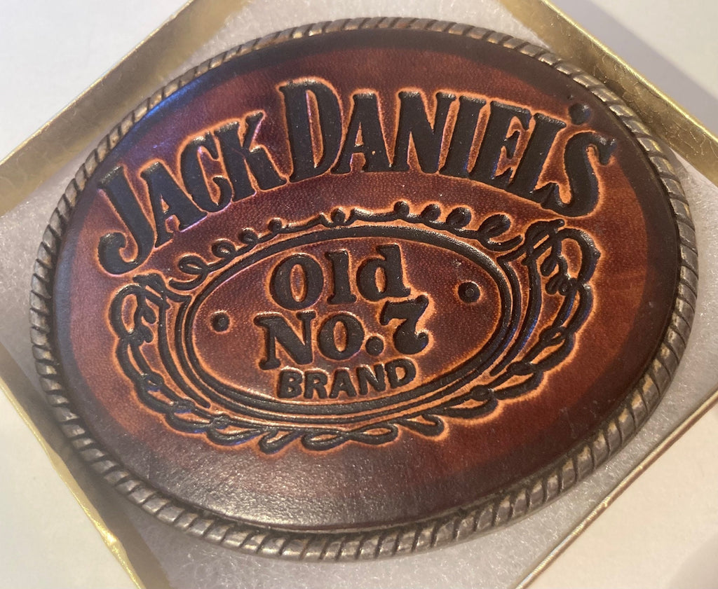 Vintage Metal Belt Buckle, Leather, Jack Daniel's Whiskey, Tennessee, Old No. 7, 3 1/2" x 3", Heavy Duty, Quality, Thick Metal, Made in USA