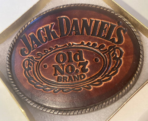 Vintage Metal Belt Buckle, Leather, Jack Daniel's Whiskey, Tennessee, Old No. 7, 3 1/2" x 3", Heavy Duty, Quality, Thick Metal, Made in USA