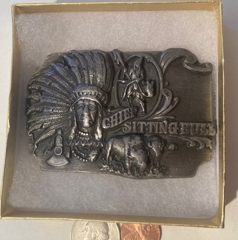 Vintage 1990 Metal Belt Buckle, Chief Sitting Bull, 3 1/4" x 2 1/4", Heavy Duty, Quality, Thick Metal, Made in USA, For Belts, Fashion