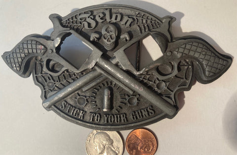 Vintage Metal Belt Buckle, Felons, Guns, Pistols, Stick To Your Guns, Nice Design, 5 1/2" x 2 3/4", Heavy Duty, Quality, Thick Metal