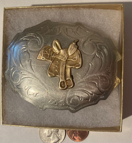 Vintage Metal Belt Buckle, Nickel Silver, Western, Nice Horse Saddle, Nice Design, 3 1/2" x 2 1/2", Heavy Duty, Quality, Thick Metal