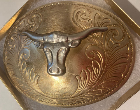 Vintage Metal Belt Buckle, Justin, Western, Longhorn, Bull, Cattle, Nice Design, 3 3/4" x 2 3/4", Heavy Duty, Quality, Thick Metal