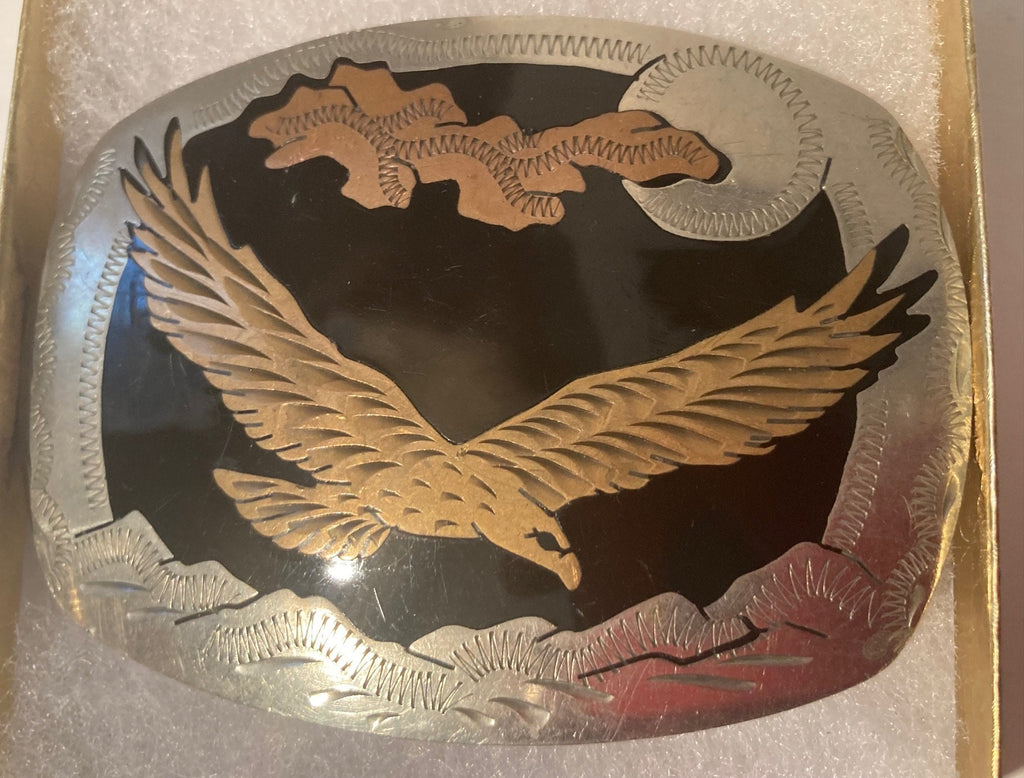 Vintage Metal Belt Buckle, Silver, Brass, Black Enamel, Eagle, Nice Design, 3 1/2" x 2 1/2", Heavy Duty, Quality, Thick Metal, Made in USA