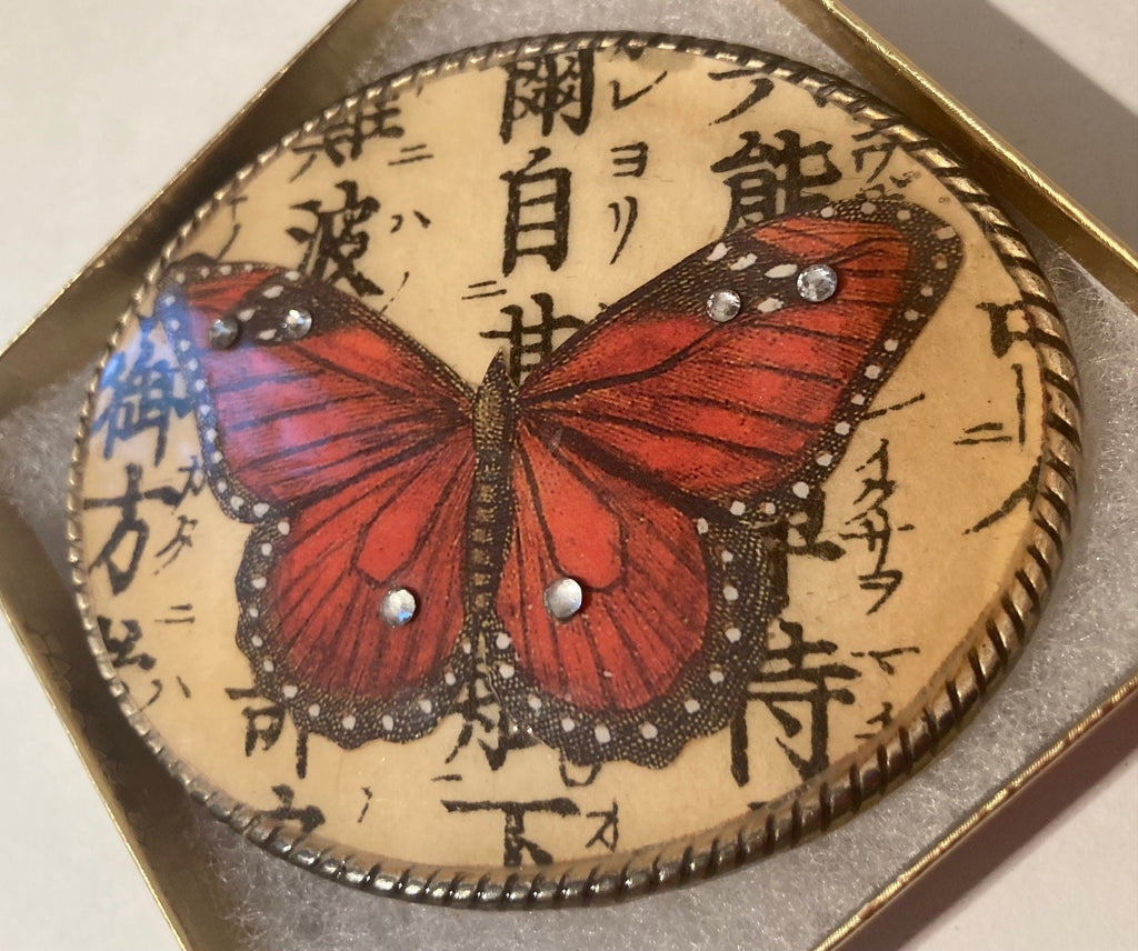 Vintage Metal Belt Buckle, Epoxy Butterfly with Crystal Stones, Made in Spain, Nice Design, 3 3/4" x 3", Heavy Duty, Quality, Thick Metal