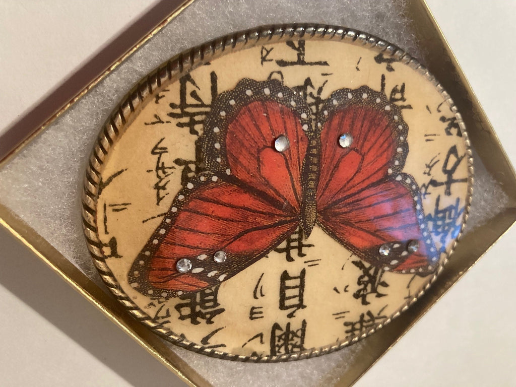 Vintage Metal Belt Buckle, Epoxy Butterfly with Crystal Stones, Made in Spain, Nice Design, 3 3/4" x 3", Heavy Duty, Quality, Thick Metal