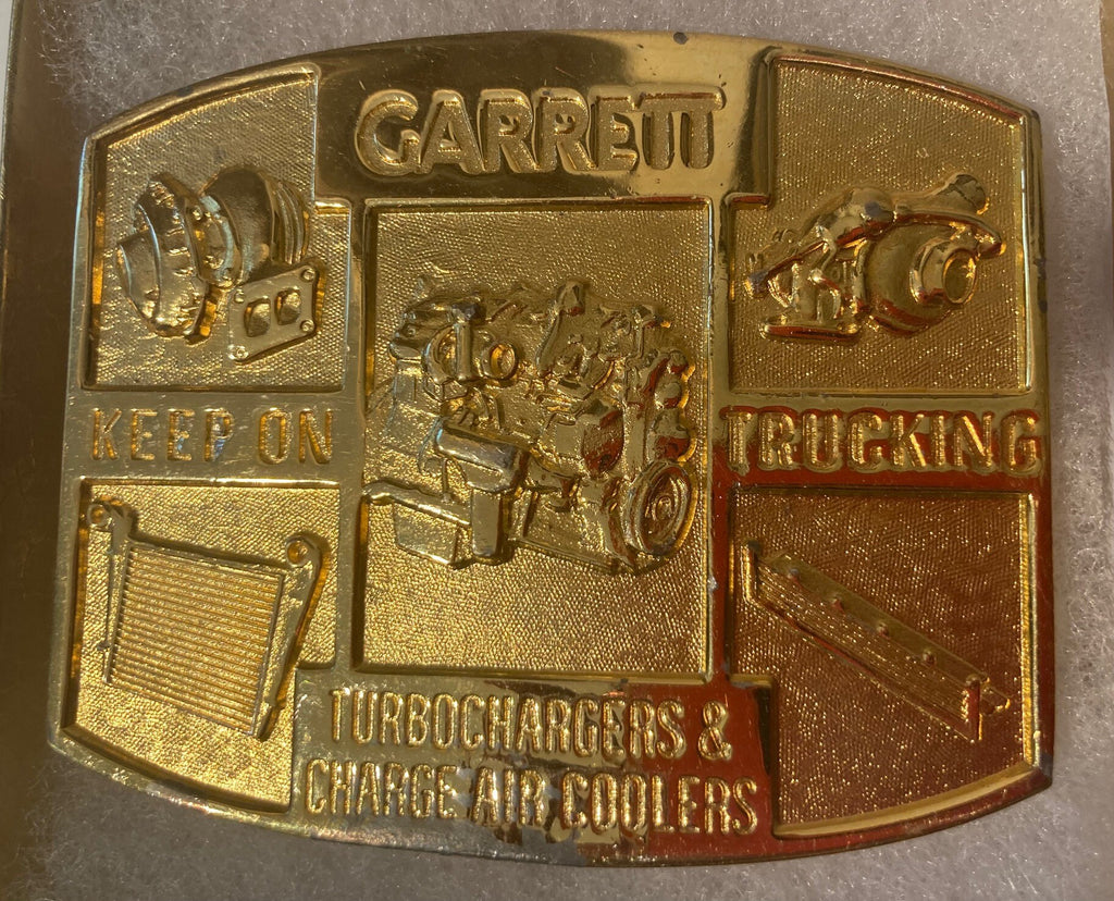 Vintage Metal Belt Buckle, Garrett, Keep On Trucking, Turbochargers and Charge Air Coolers, Nice Design, 3" x 2 1/4", Heavy Duty, Quality