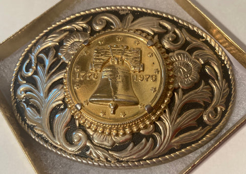 Vintage Metal Belt Buckle, Brass, Coin, Money, Nice Design, 4" x 2 3/4", Heavy Duty, Quality, Thick Metal, Made in USA, For Belts, Fashion