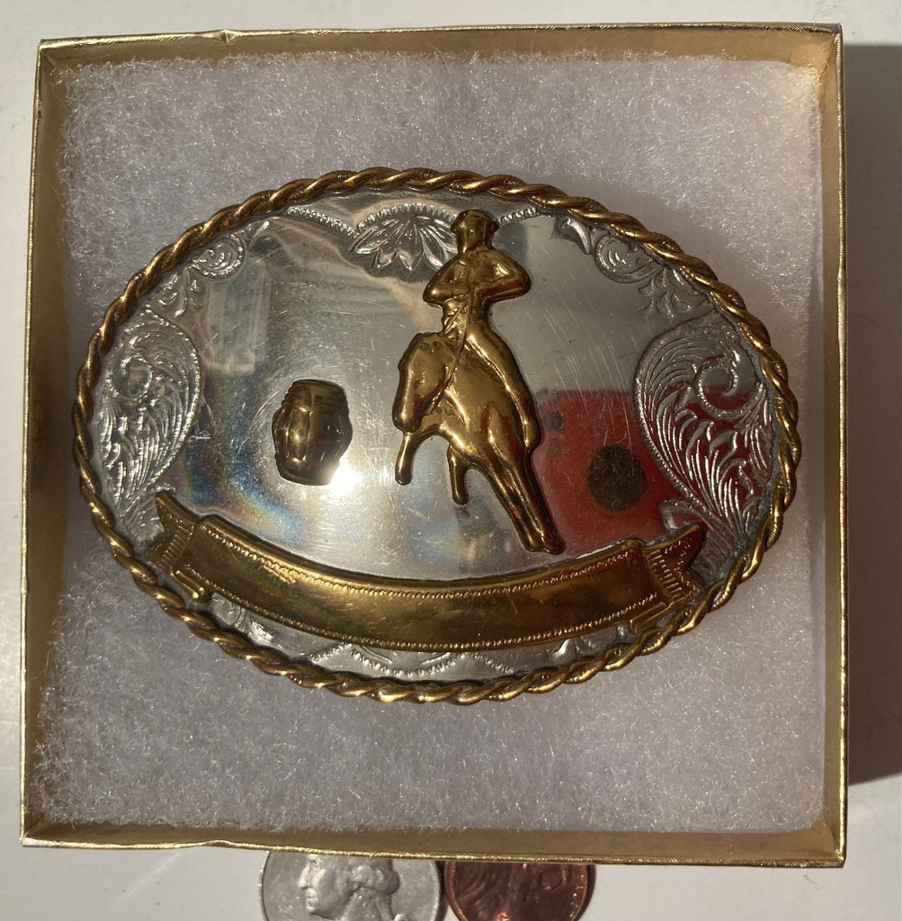 Vintage Metal Belt Buckle, Nickle Silver, Barrel Racing, Horse, Rodeo, Nice Design, 3 1/4" x 2 1/3", Heavy Duty, Quality, Thick Metal