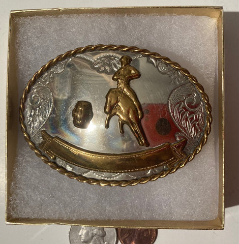 Vintage Metal Belt Buckle, Nickle Silver, Barrel Racing, Horse, Rodeo, Nice Design, 3 1/4" x 2 1/3", Heavy Duty, Quality, Thick Metal