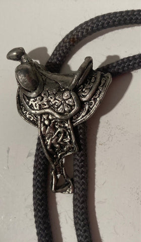 Vintage Metal Bolo Tie, Silver, Horse Saddle, Tact Horse, Nice Design, Quality, Heavy Duty, Made in USA, Country & Western, Cowboy
