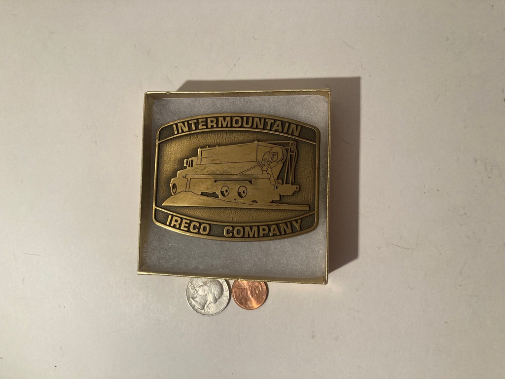 Vintage 1984 Metal Belt Buckle, Solid Brass, Intermountain Ireco Company, 3 1/4" x 2 1/2", Heavy Duty, Quality, Thick Metal, Made in USA