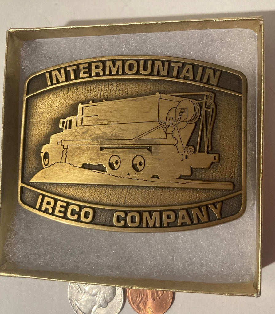 Vintage 1984 Metal Belt Buckle, Solid Brass, Intermountain Ireco Company, 3 1/4" x 2 1/2", Heavy Duty, Quality, Thick Metal, Made in USA