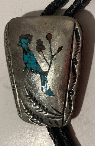 Vintage Metal Bolo Tie, Silver, Turquoise, Bird, 1 3/4" x 1 1/2", Nice Design, Quality, Heavy Duty, Made in USA, Country & Western, Cowboy