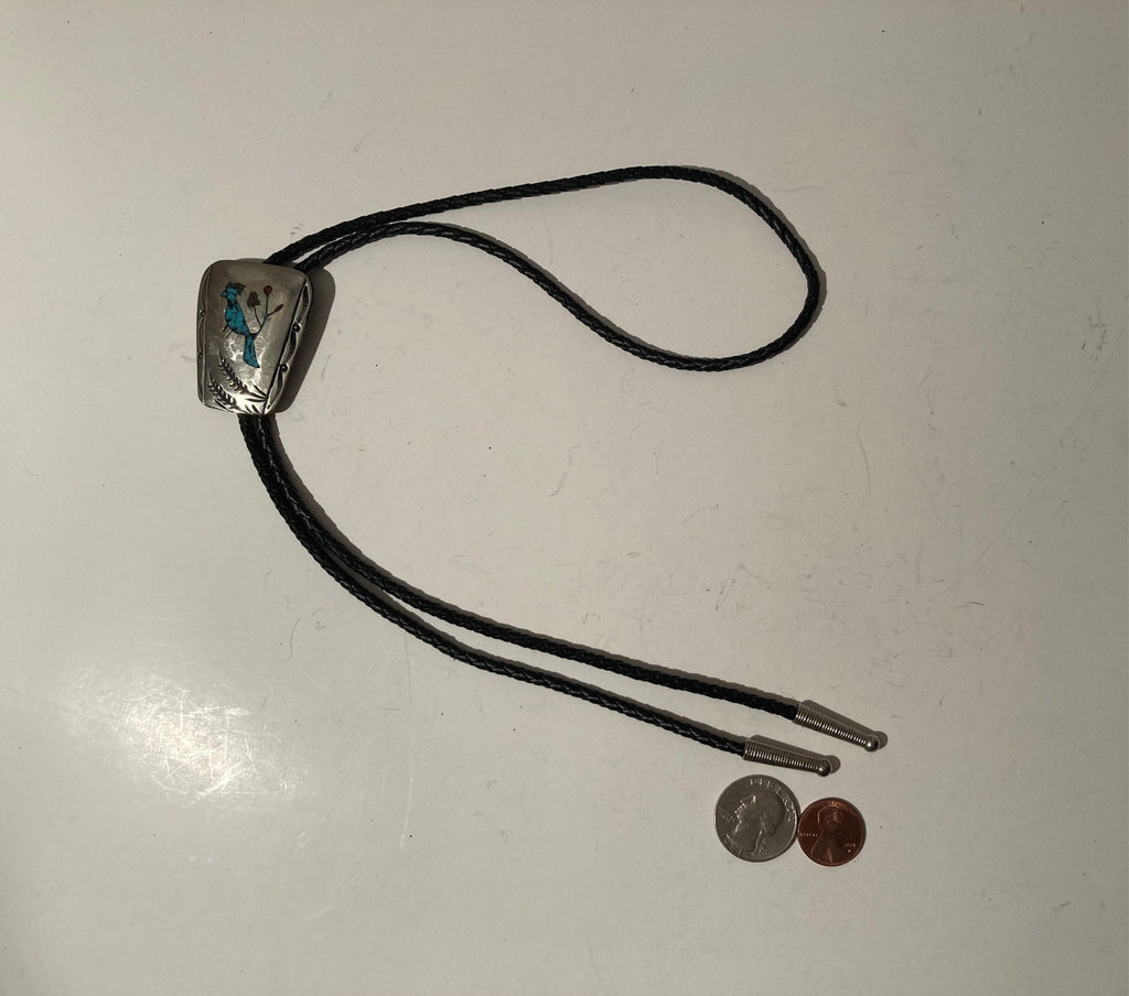 Vintage Metal Bolo Tie, Silver, Turquoise, Bird, 1 3/4" x 1 1/2", Nice Design, Quality, Heavy Duty, Made in USA, Country & Western, Cowboy