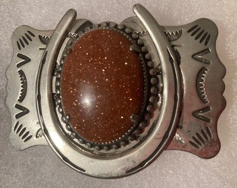 Vintage Metal Belt Buckle, Silver, Horseshoe, Nice Sparkly Brown Stone, Nice Design, 2 1/2" x 1 3/4", Heavy Duty, Quality, Thick Metal