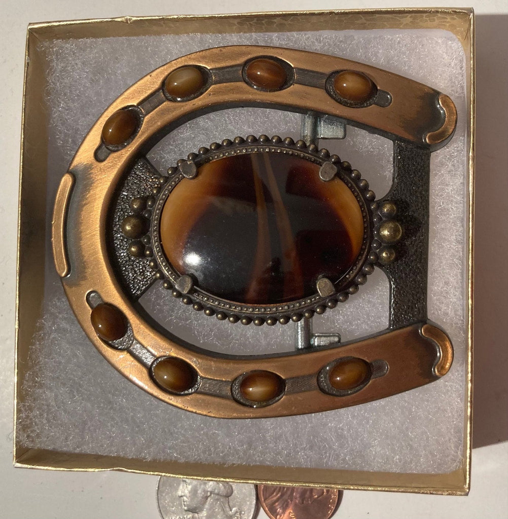 Vintage Metal Belt Buckle, Horseshoe, Nice Brown Stones, Nice Design, 3 1/2" x 3", Heavy Duty, Quality, Thick Metal, Made in USA