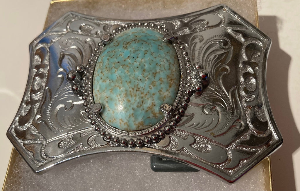Vintage Metal Belt Buckle, Nice Blue Stone, Nice Design, 4" x 2 1/2", Heavy Duty, Quality, Thick Metal, Made in USA, For Belts, Fashion