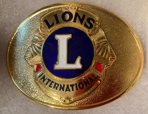 Vintage Metal Belt Buckle, Brass, Lions International Rotary, 3 1/4" x 2 1/4", Heavy Duty, Quality, Thick Metal, Made in USA, For Belts